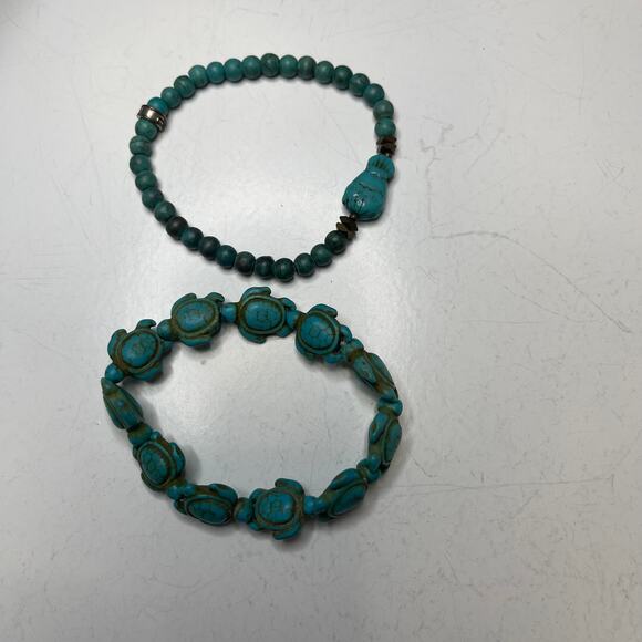 two turtle bracelets turquoise colored blue stone carved stretch beach tropical - Picture 1 of 6